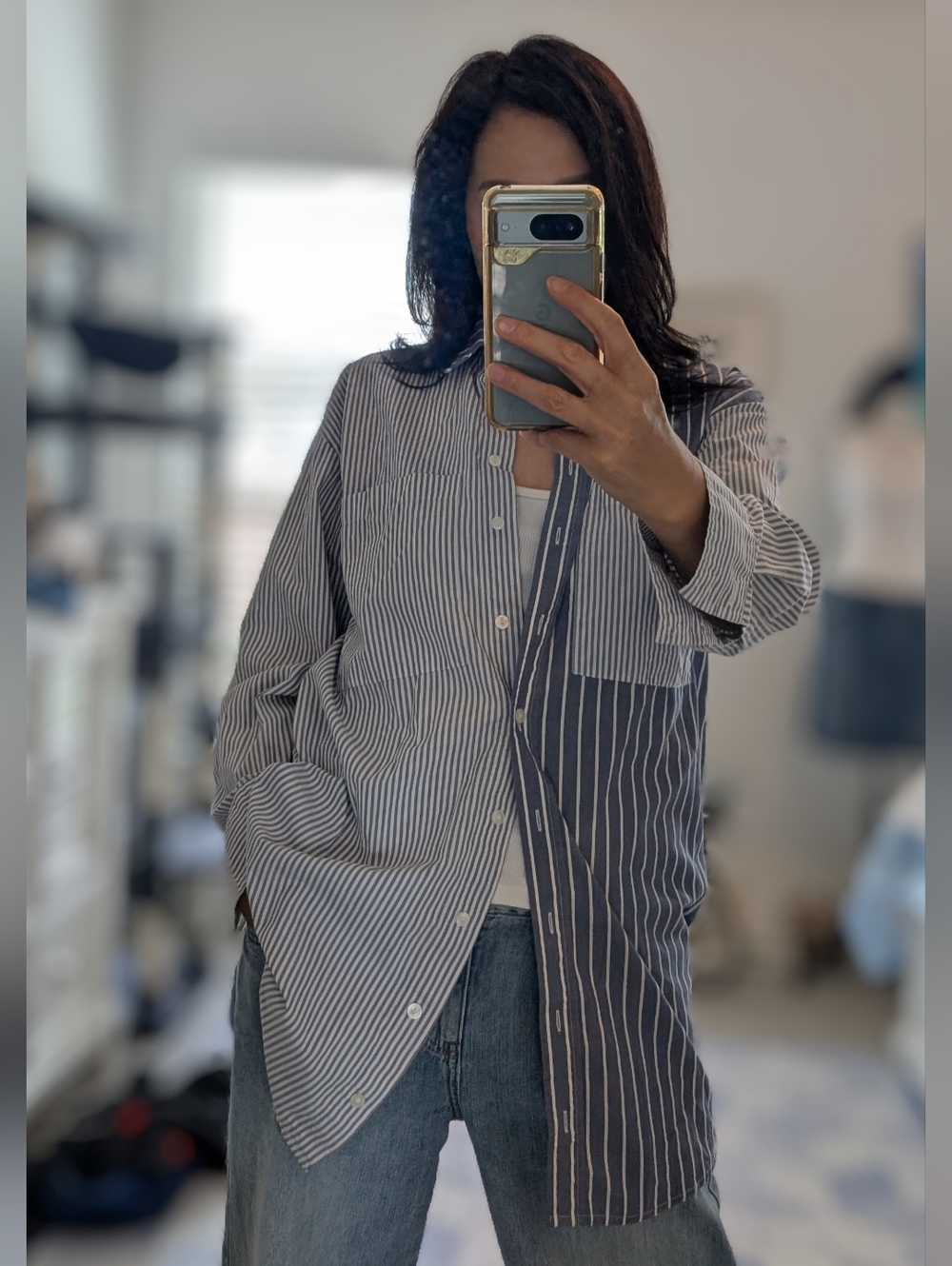 Abercrombie & Fitch Striped Oversized Button-Down Tunic Shirt - Blue & White